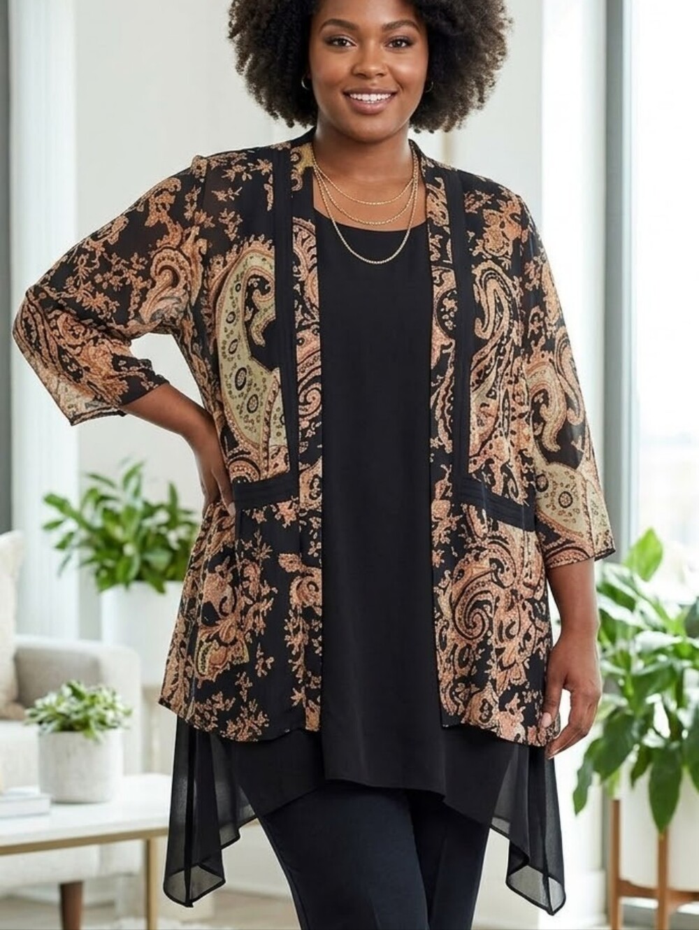 Soft Surroundings Black Sheer Paisley Open-Front Cardigan & Tunic Boho